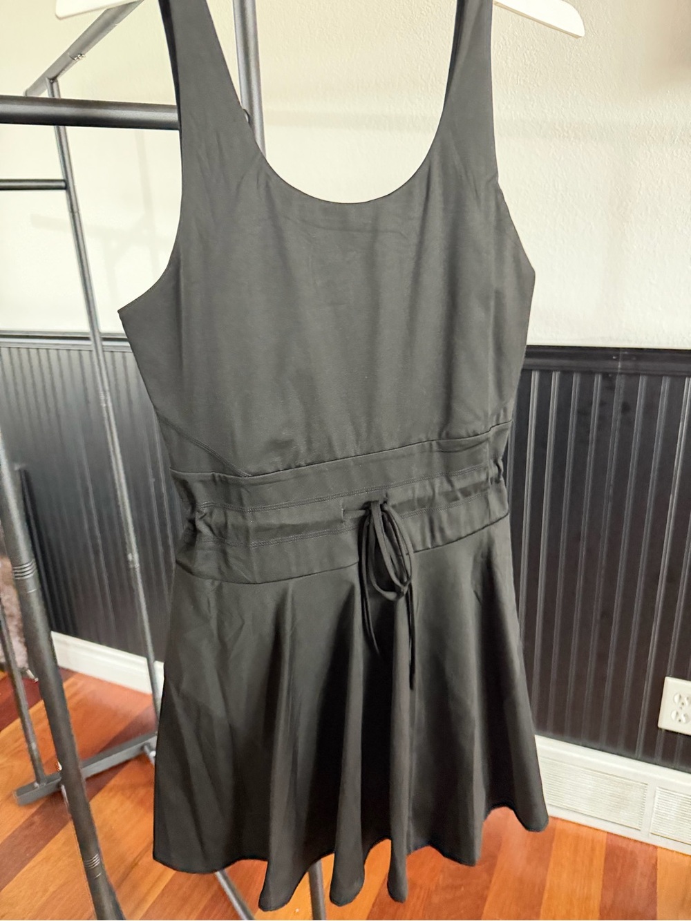 Black Sleeveless athletic Fit-and-Flare Mini Dress with Drawstring Waist